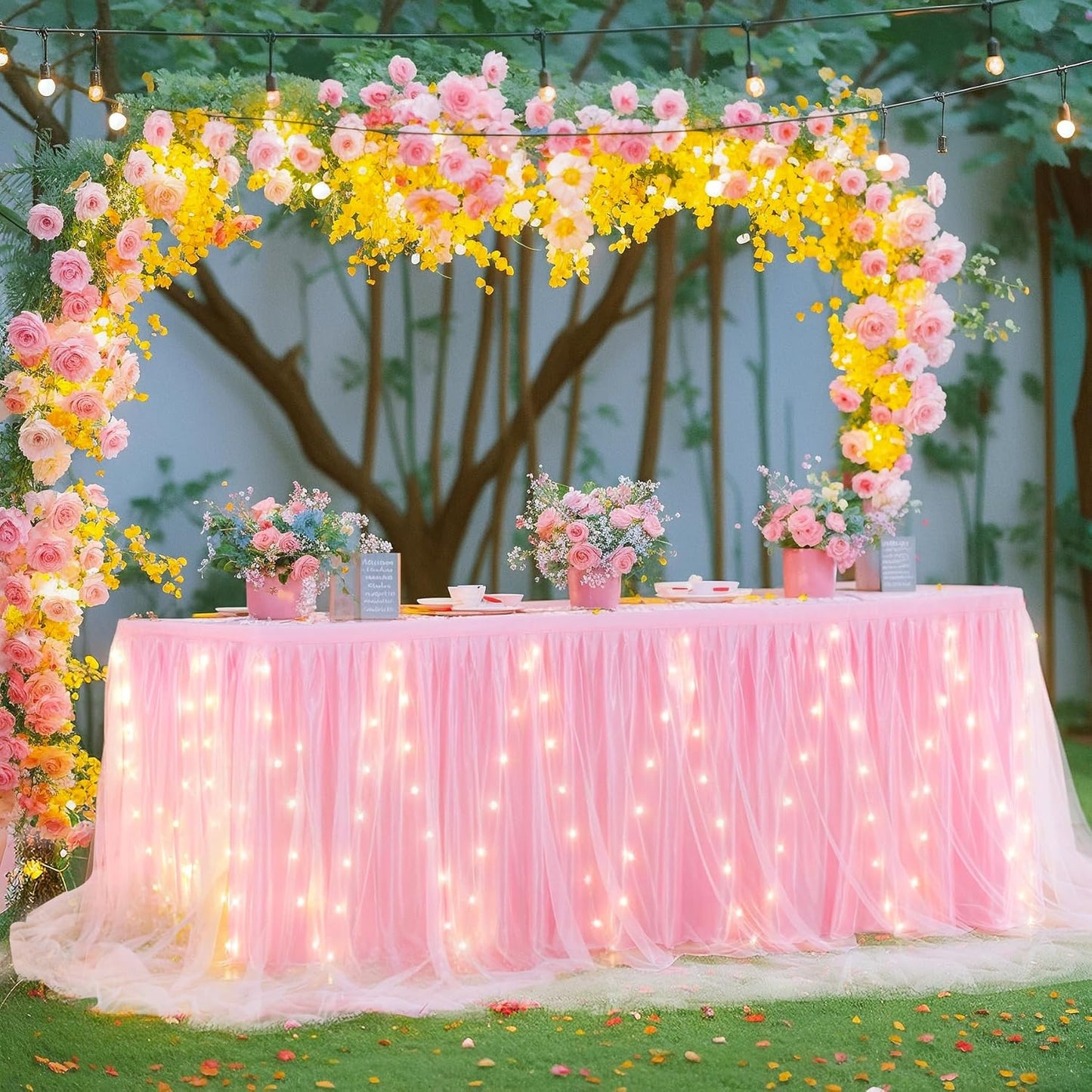 14FT Pink Tulle Table Skirt for Rectangle or Round Tables Ruffle Tulle Tutu Cloth Desk Table Skirt with LED Lights