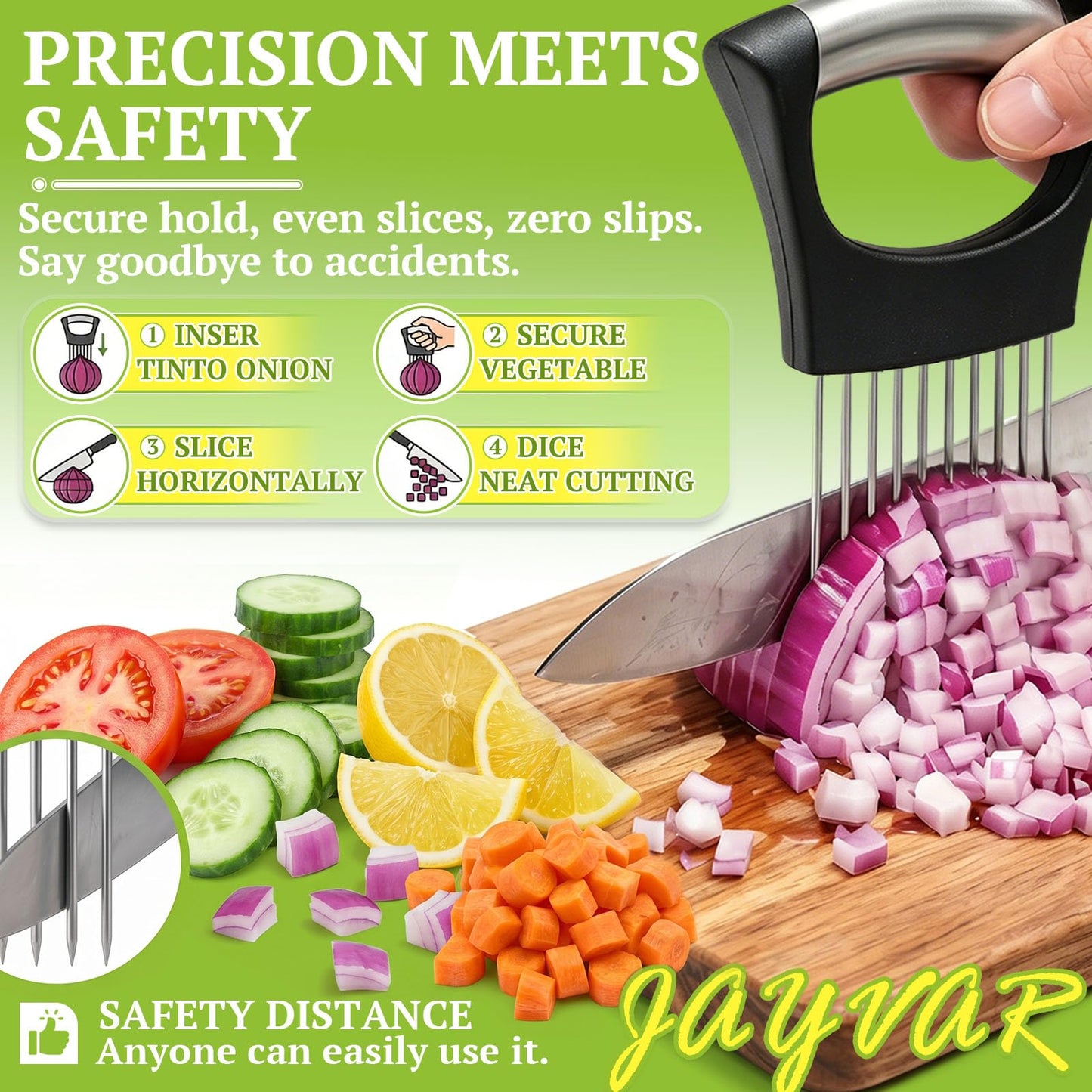 JAYVAR Onion Holder for Slicing, Stainless Steel Onion Slice Holder with 10 Long Needles, Onions Cutter Vegetable Chopper, Onions Chopper Tool, Food Slicing Guide for Neat Slicing,Tomato Potato Cutter