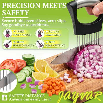JAYVAR Onion Holder for Slicing, Stainless Steel Onion Slice Holder with 10 Long Needles, Onions Cutter Vegetable Chopper, Onions Chopper Tool, Food Slicing Guide for Neat Slicing,Tomato Potato Cutter