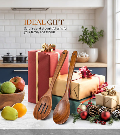 2Pcs Wooden Spoons for Cooking, Natural Premium Teak Wooden Spoon & Slotted Spoon, Good Grip Large Cooking Spoons Spatula, Heat Resistant Wooden Kitchen Cooking Utensils Set for Nonstick Cookware