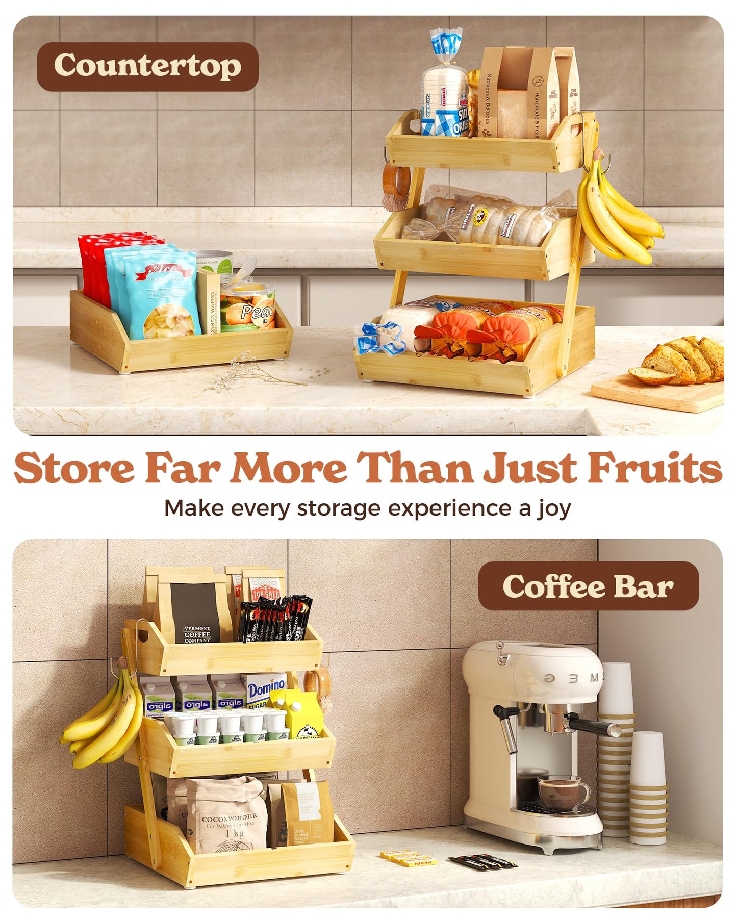Sevenblue 3 Tier Large Bamboo Fruit Basket for Kitchen Counter with 2 Banana Holders, Kitchen Countertop Organizer with Protective Mats, Tiered Fruit Bowl for Bread Snack Veggies with Dividers