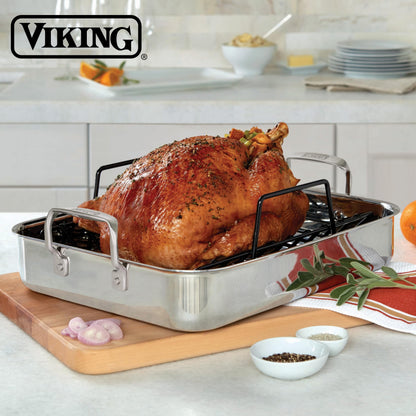 Viking 3-Ply Stainless Steel Roasting Pan with Non Stick Rack, 16 x 13 Inch Kitchen Cookware, Great for Turkey, Includes Probe Thermometer, Dishwasher and Oven Safe, Induction Ready, Silver