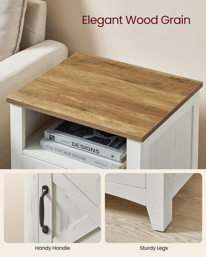 VASAGLE LIRY Collection - Farmhouse Nightstand with Barn Door, Bedside Table with Storage, Side End Table, Night Stand, Open Compartment, for Bedroom, Rustic White and Honey Brown ULET609K41