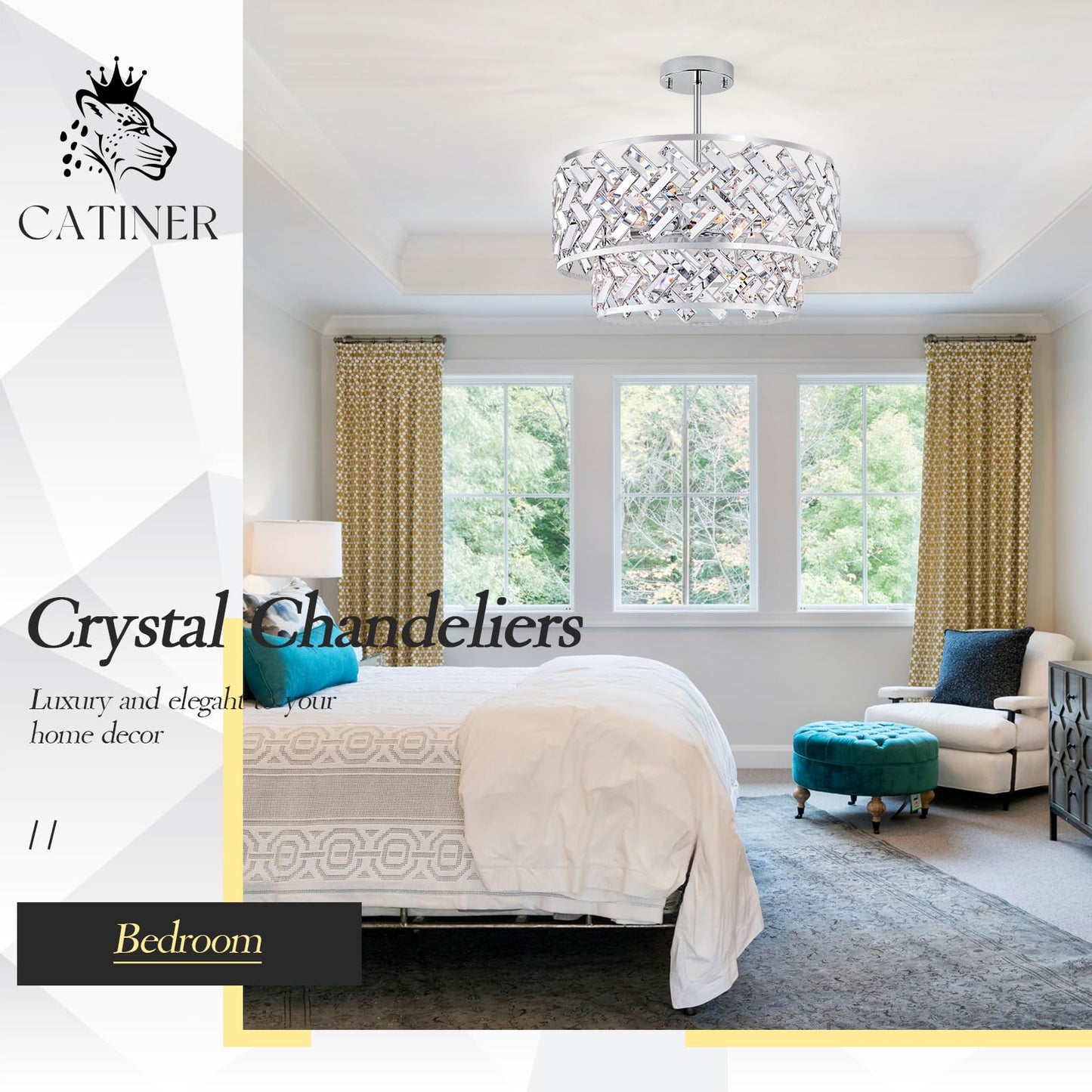 20'' Modern 6-Light Chrome Crystal Pendant Chandelier, Luxury Round Semi Flush Mount Ceiling Light for Living Room, Dining Room, Kitchen, Foyer, Bedroom