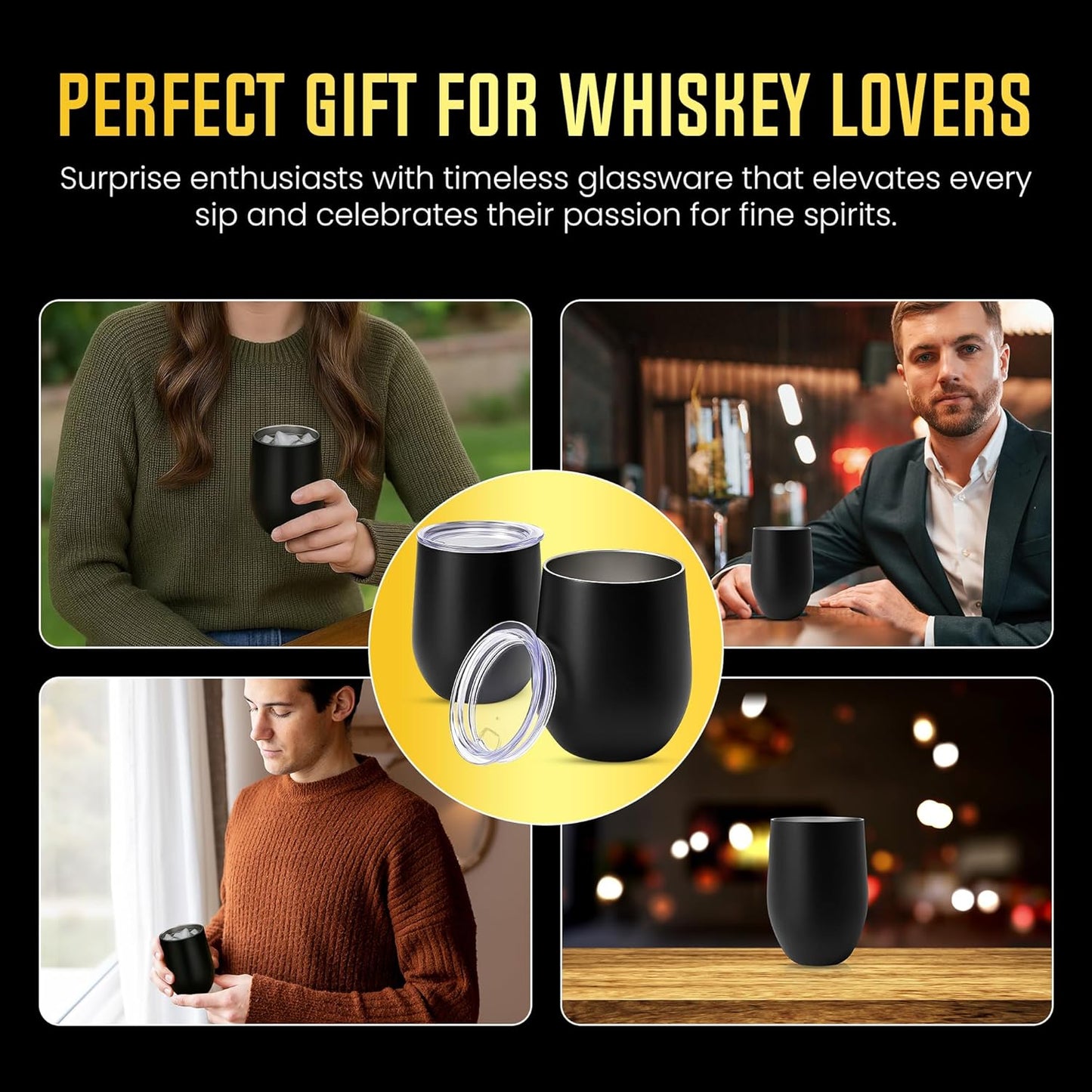 Double-Wall Insulated Whiskey Glass, 12 oz Stemless Nosing Stainless Steel Whisky Glass, Pack of 2