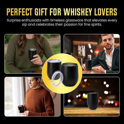 Double-Wall Insulated Whiskey Glass, 12 oz Stemless Nosing Stainless Steel Whisky Glass, Pack of 2