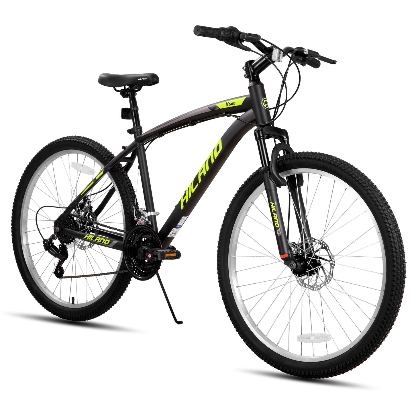 HH HILAND Mens and Womens Mountain Bike, 26 Inch 18 Speed Mountain Bicycle with Dual Disc Brake, Front Suspension Fork, High Carbon Steel Frame Urban Commuter Bike for Adults, Black Yellow