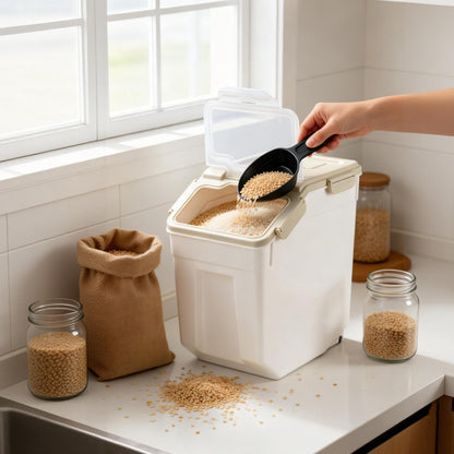 Qiveno Large Flour Storage Container Bin 25lb, 2Pack Airtight Rice Storage Containers with Wheels Seal Locking Lid, BPA Free with Measuring Cup&Scoop for Flour, Rice, Grain(Gray)
