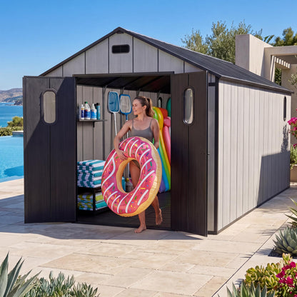 Domi 8x16Ft Resin Outdoor Storage Shed with Floor, Plastic Garden Storage Shed, Outside Weatherproof Storage Building for Tools, Bike, Lawn Mower, Patio, Backyard