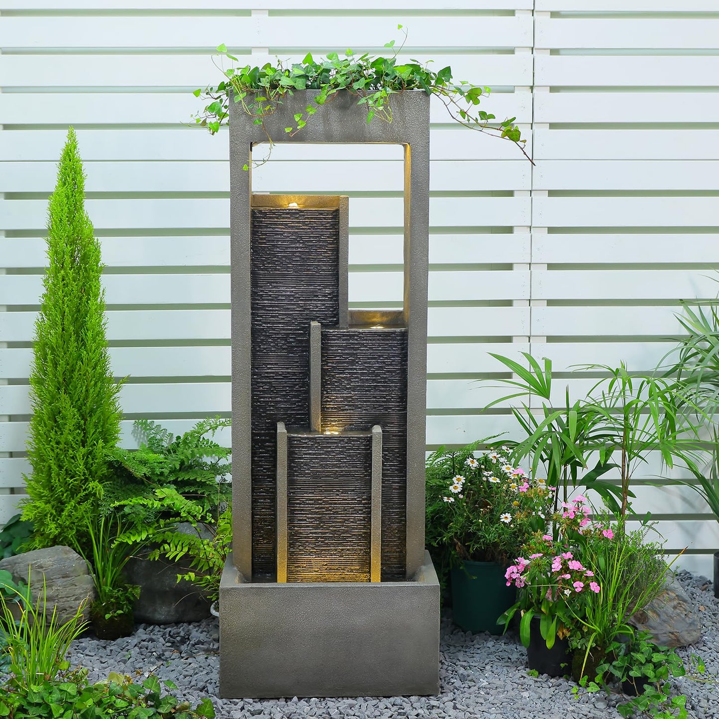 Takamota Indoor Waterfall Fountain, 52" Modern Tiered Indoor Water Feature with LED Lights, Resin Freestanding Garden Water Fountain for Patio, Room Decor Backyard Waterfall Feature, Gray Stone Look