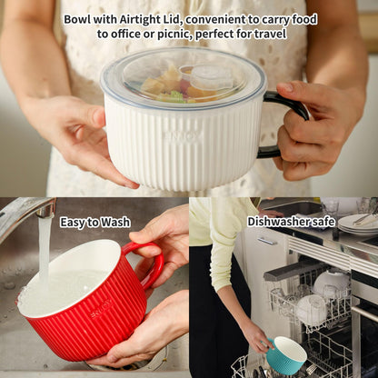 Seyatoo Soup Bowl with Handle, 5.6 inch Ceramic Soup Mug with Lid, Large Microwave Soup Cup Ramen Bowl for Oatmeal, Salad, Ramen and Instant Noodles, Red