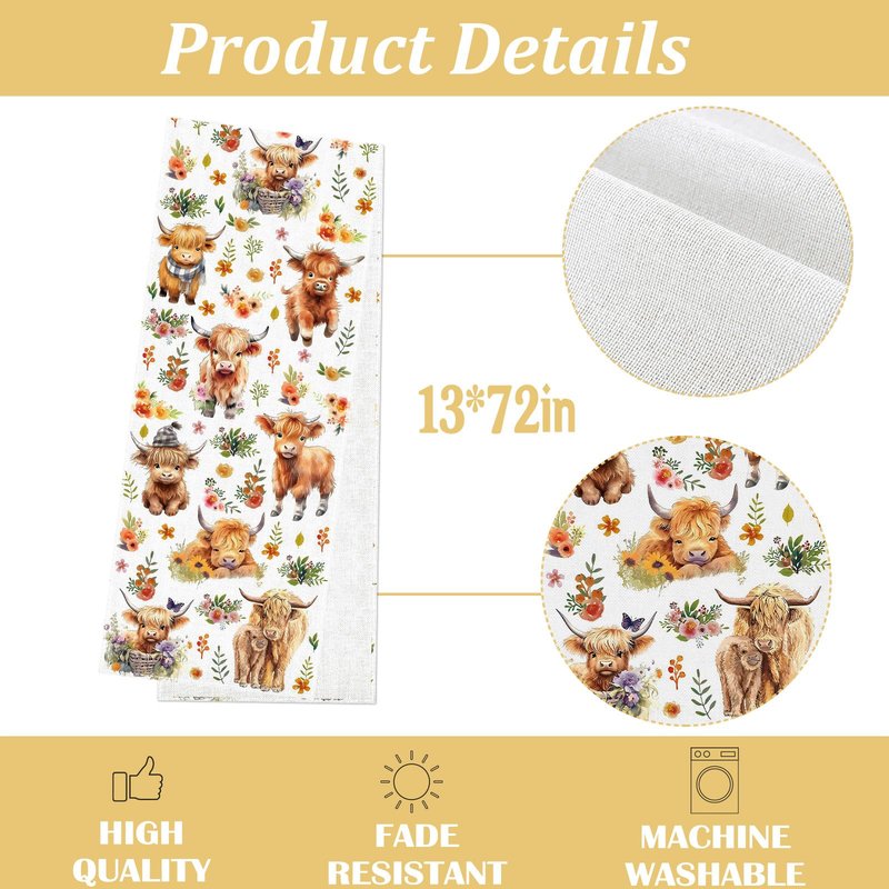 Heyfary Highland Cow Table Runner Spring Summer Fall Cowgirl Cowboy Floral Western Birthday Party Decorations Home Kitchen Dining Room Table Decor