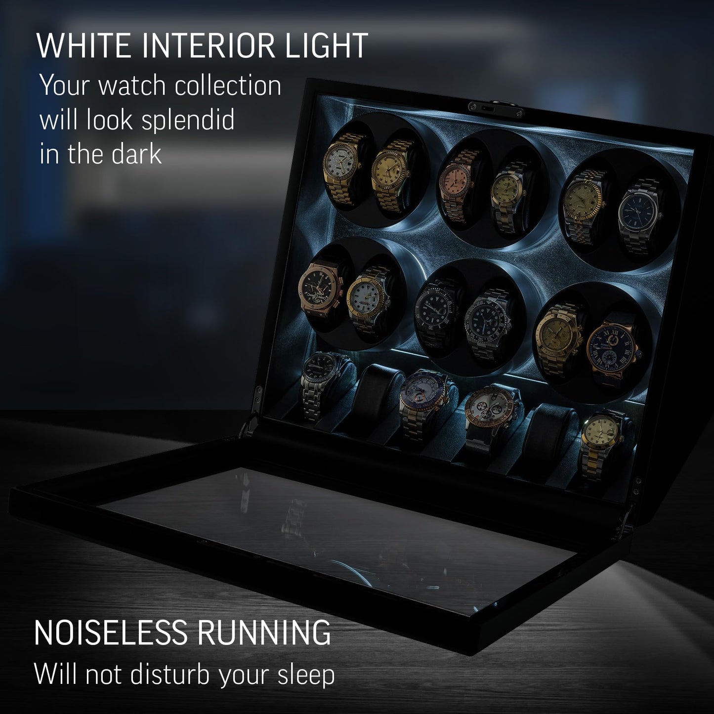 TIMECUBE 12 Watch Winder with 6 Storage Slots, LED Light and Automatic Motor-Stop (Carbon)