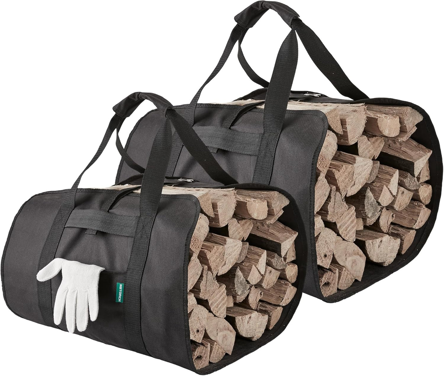 Firewood Carrier, Black Canvas Waterproof Heavy Duty Log Carrier Bag with Handle, 2PK for Fireplace and Camping