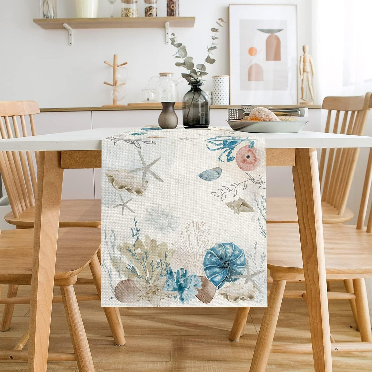 13x90 Inch PROCIDA Blue Beach Table Runner Tropical Ocean Coastal Table Runners Seashell Burlap Seasonal Nautical