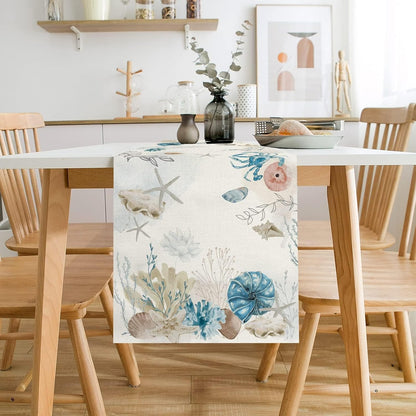 13x108 Inch PROCIDA Blue Beach Table Runner Tropical Ocean Coastal Table Runners Seashell Burlap Seasonal Nautical