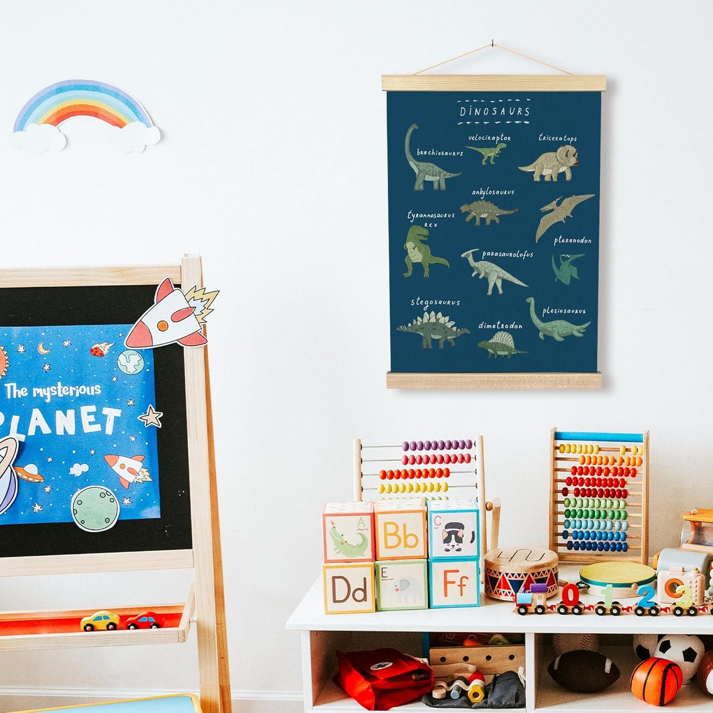 12x16 Inches BCUANGD Dinosaur Dino Wall Decor - Dark Blue Baby Toddler Boys Room Wall Art Poster Hanger with Wood