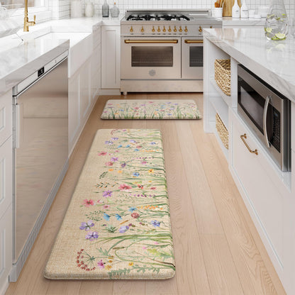 KIMODE Anti Fatigue Kitchen Mat, 17"x47"+17"x29" Floral Kitchen Rugs Sets of 2, Farmhouse Kitchen Floor Mats Non-Slip Cushioned, Comfort Standing Desk Mat for Sink, Laundry,Home Brown