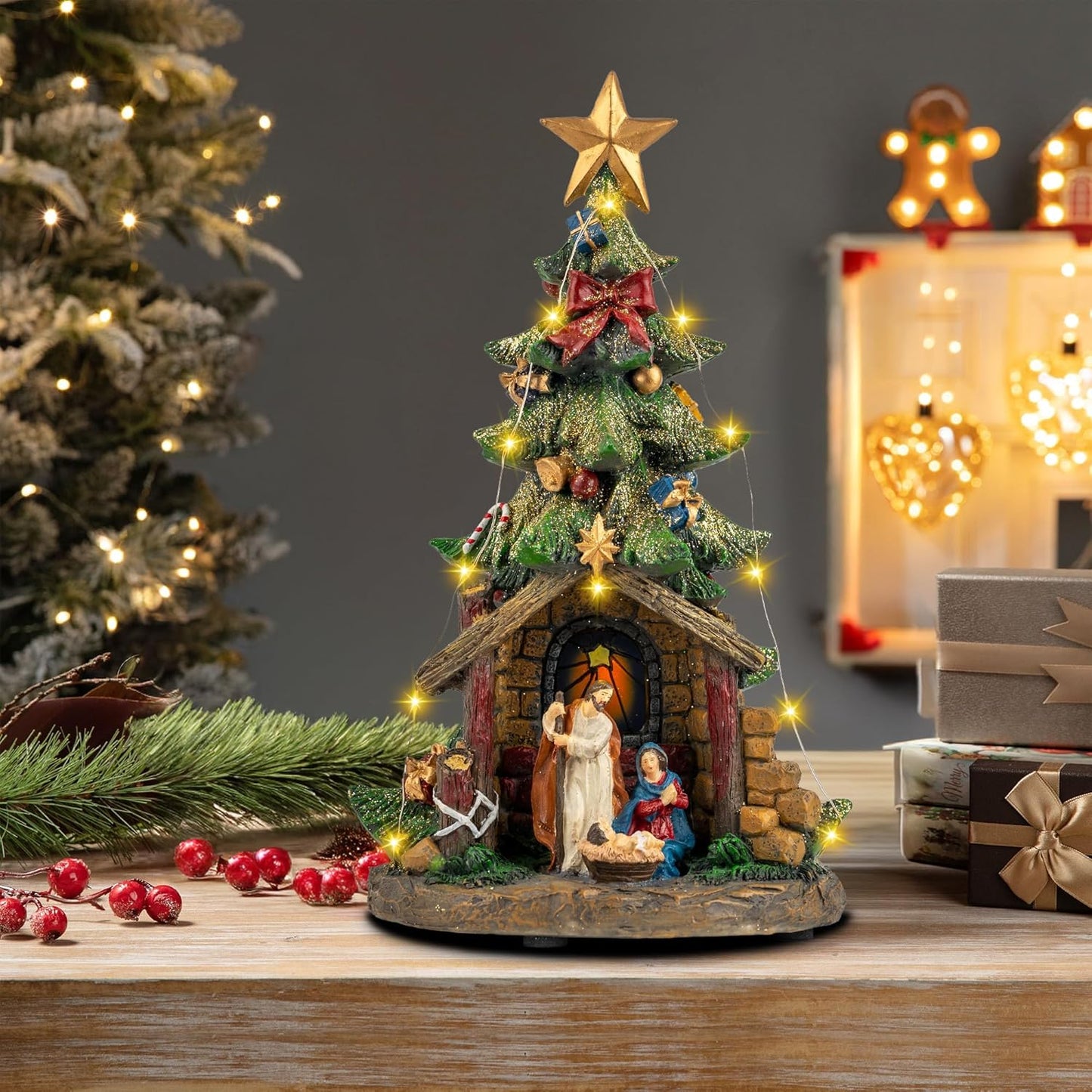 12'' VISFLAIR Christmas Tree Lighted Manger Nativity Scene, Musical Holy Family Collectible Buildings Figurines LED