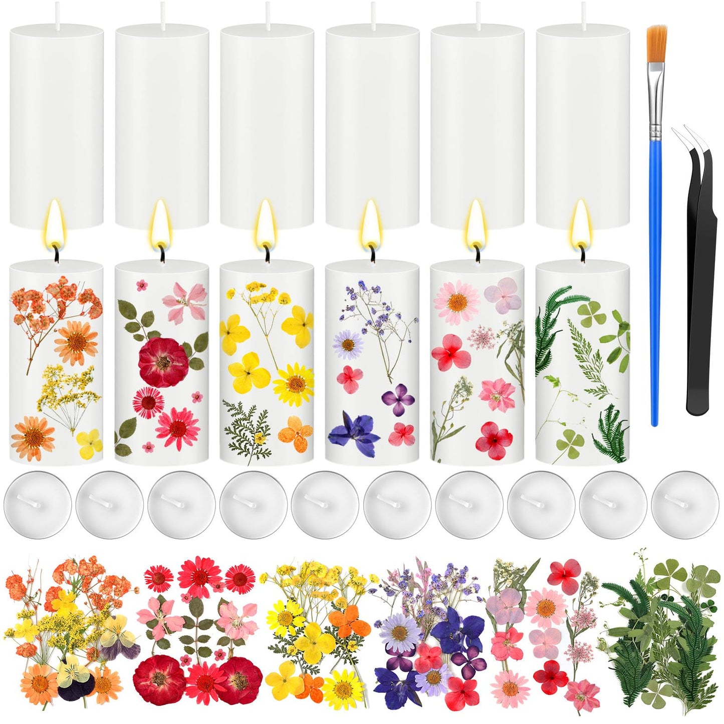 MTLEE 24 Pack Dried Pressed Flower Candle Painting Kit 6 White Pillar 6 Dried Pressed Flower 10 Tealight Candle Tweezer Brush for Galentines Girls Night Birthday Wedding Party DIY Crafts(4 Inch)