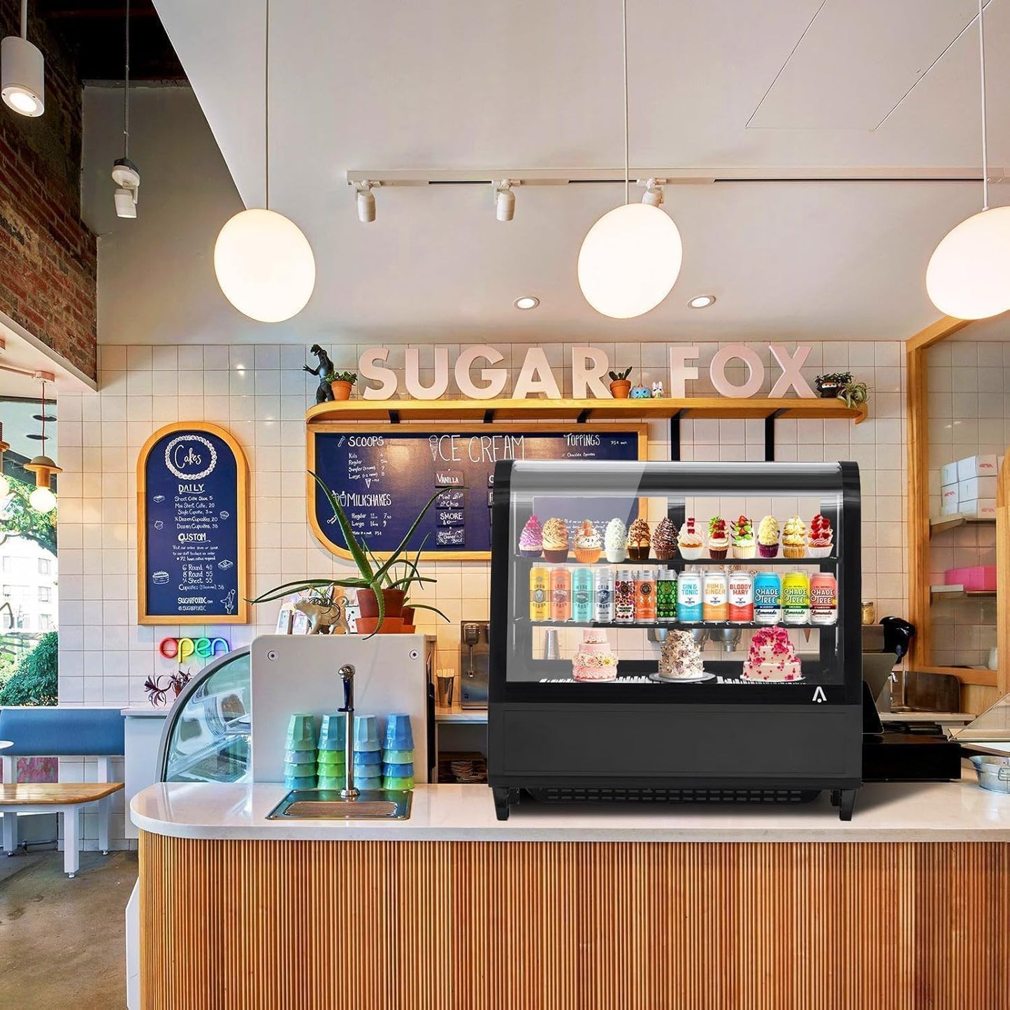 Commercial Display Refrigerator, 3.5 Cu.Ft Refrigerated Display Case with Adjustable Shelves and LED Lighting, Countertop Display Fridge with Rear Sliding Glass Door for Cafe, Restaurant, Bakery
