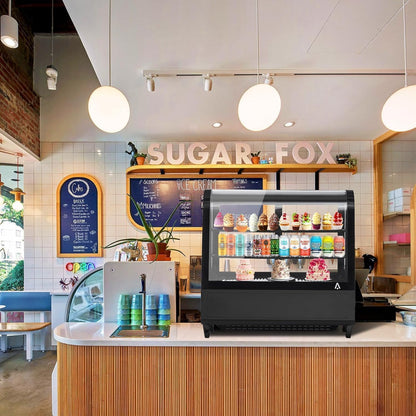 Commercial Display Refrigerator, 3.5 Cu.Ft Refrigerated Display Case with Adjustable Shelves and LED Lighting, Countertop Display Fridge with Rear Sliding Glass Door for Cafe, Restaurant, Bakery