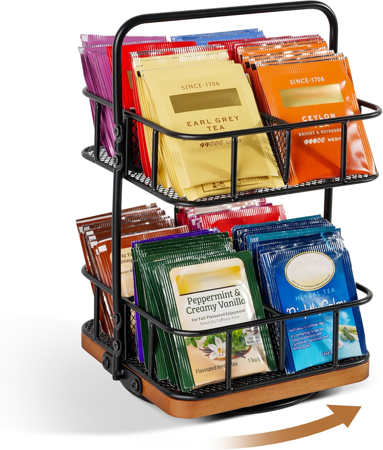 2 8 360 Countertop 100+ Rotating Tea Bag Organizer Tier Basket Spinning Teabag Holder Organizer, Acacia Wood Iron Tea