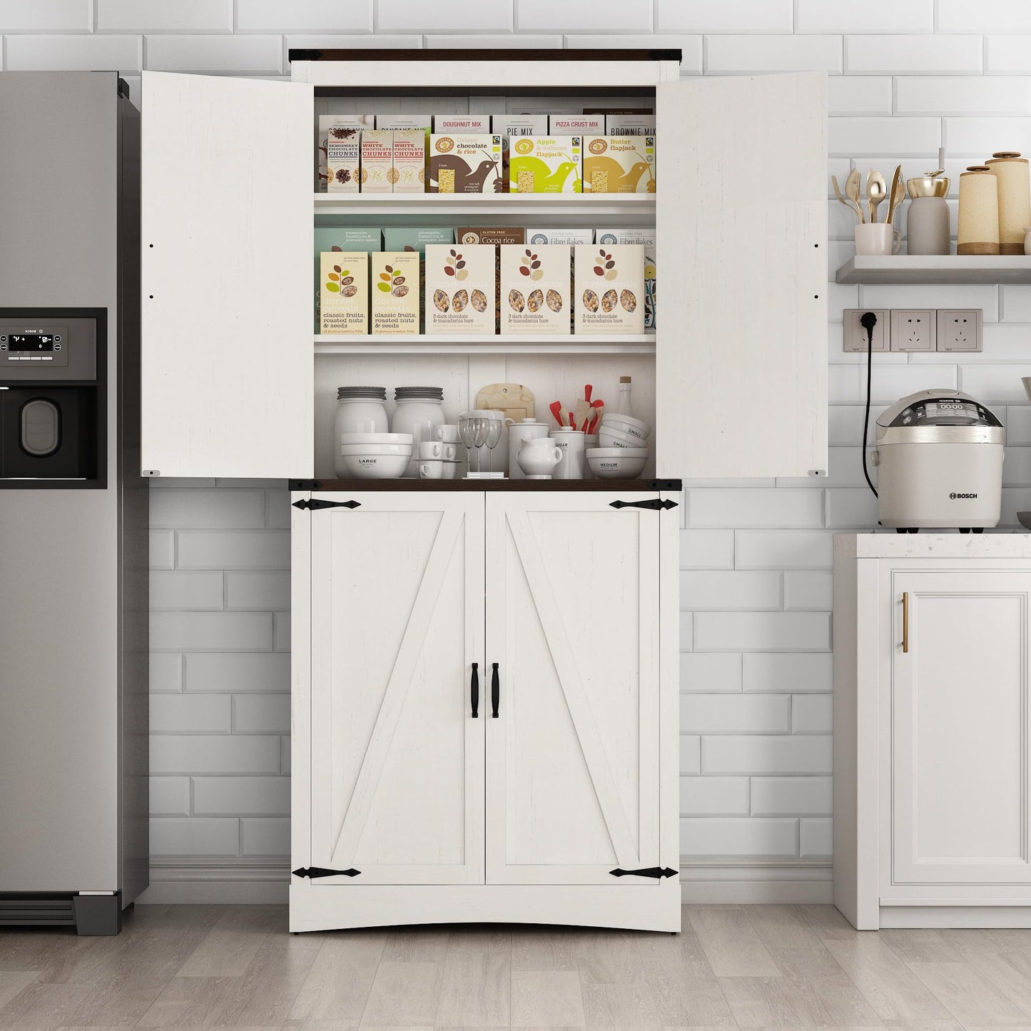 Hlivelood 71" Tall Kitchen Pantry,Farmhouse Storage Cabinet with Adjustable Shelves,Load-Bearing Steel Pipe,Farmhouse Pantry Cabinet with 4 Barn Doors,for Kitchen,Dining Room,Living Room(Rustic White)