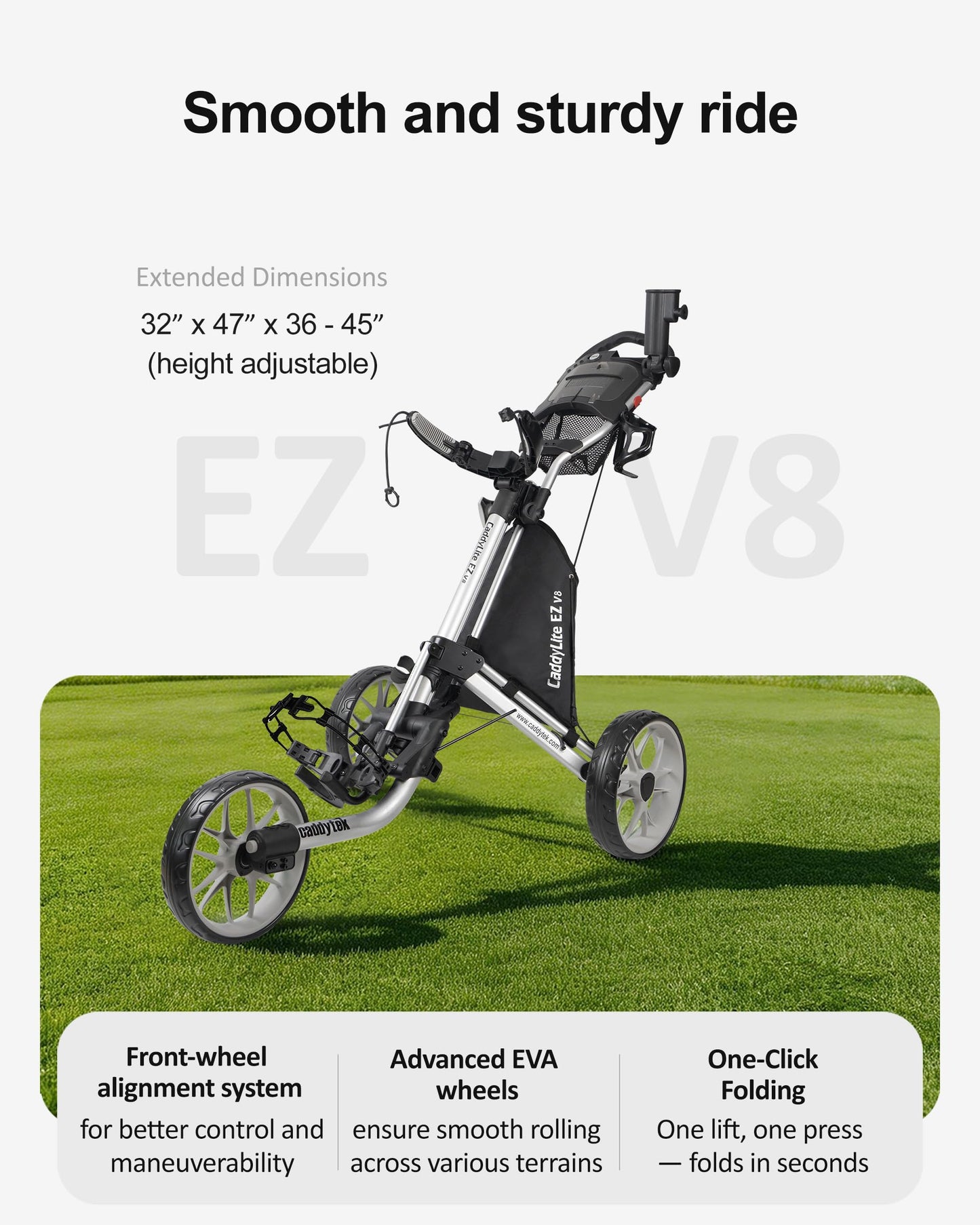Caddytek CaddyLite EZ V8 Golf Push Cart - Lightweight 3 Wheel Foldable Cart with One-Click 2-Step Folding, EVA Wheels, Adjustable Handle, Cooler Basket, Umbrella & Drink Holder, Compact Golf Cart