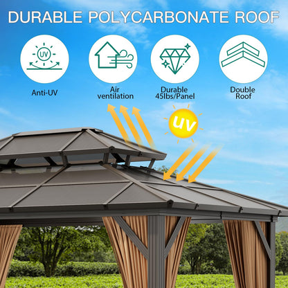 10'x13' Hardtop Gazebo, Outdoor Polycarbonate Double Roof Canopy, Aluminum Frame Permanent Pavilion with Curtains and Netting, Sunshade for Garden, Patio, Lawns (10x13ft)