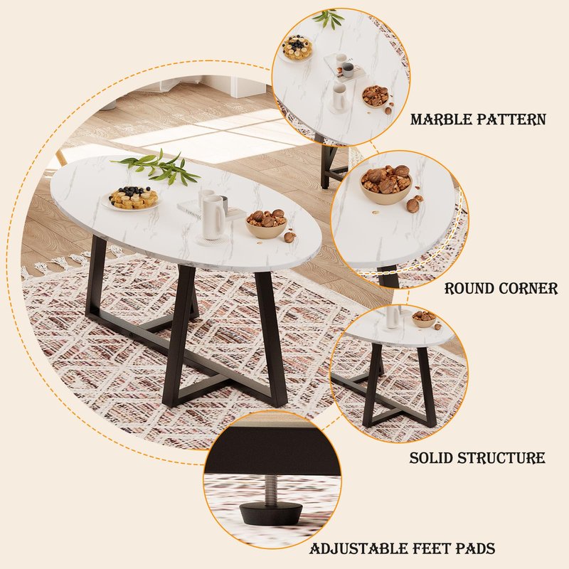Wolawu Coffee Table Small Oval Table,White Faux Marble Table for Living Room, Modern Center Tea Tables for Small Space,Wooden Tables End Tables with Sturdy Black Metal Leg