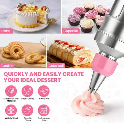 Dessert Decorating Syringe Set - Cupcake Icing Piping Kit, Cupcake Frosting Filling Injector with 54 Piping Icing Nozzles, 9 Silicone Cupcakes, 3 Cream Scrapers -for Cake,Cupcakes,Cookie (69Pcs-Pink)