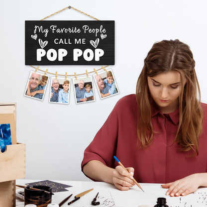 Hiuwevt Pop Pop Picture Frame Photo Hanging Display, Grandpa Gifts for Christmas, Grandfather Gifts from Grandaughters Grandsons, Father Dad Picture Board Photo Holder for Wall Decor