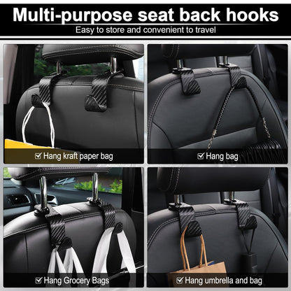 LivTee Car Purse Hook, 4 Pack Universal Auto Seat Headrest Hook Hangers Organizer for Coats, Umbrellas, Groceries - Carbon Fiber Black