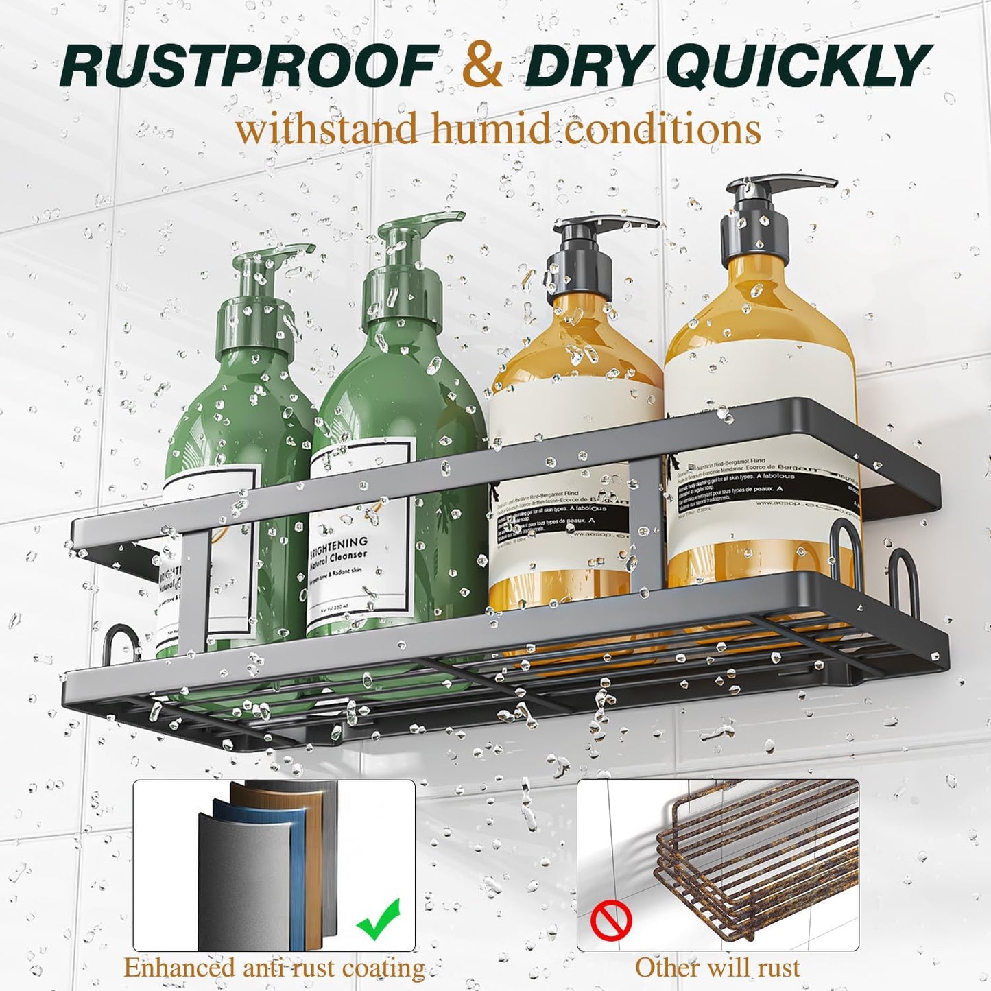 12 Storage,Black,3 Pack Youvip Adhesive Shower Caddy,Shower Shelves with Soap Holder and Hooks,Rustproof No Drilling