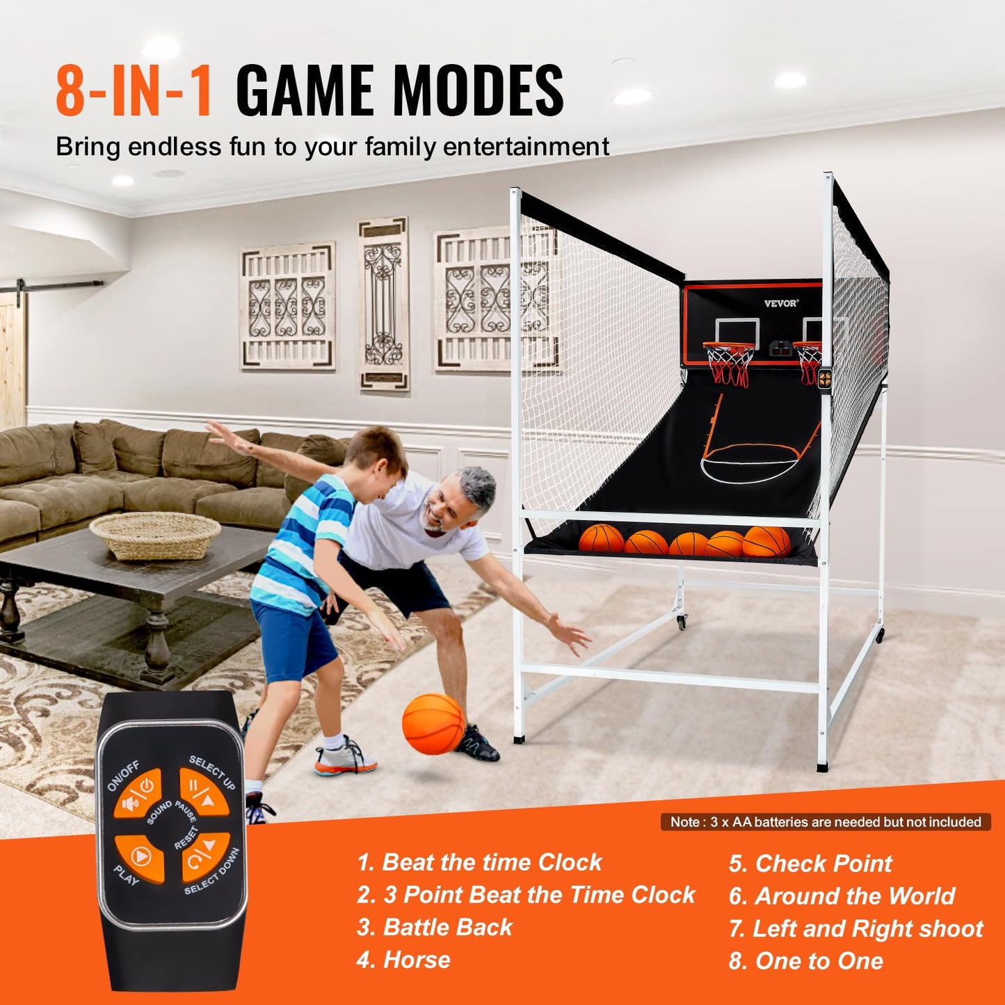 VEVOR Arcade Cage Basketball Game, 2 Player Home Dual Sport with 5 Balls, 8 Game Modes, Electronic Scoreboard, and Inflation Pump, Indoor Basketball Game for Kids, Youth Adults