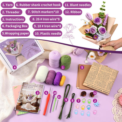Kogyxe Crochet Kit for Beginners, Purple Rose Crochet Flowers for Adults with Step-by-Step Video Tutorials, DIY Crochet Bouquet Kits Knitting Supplies Include Floral Wire, Newspaper