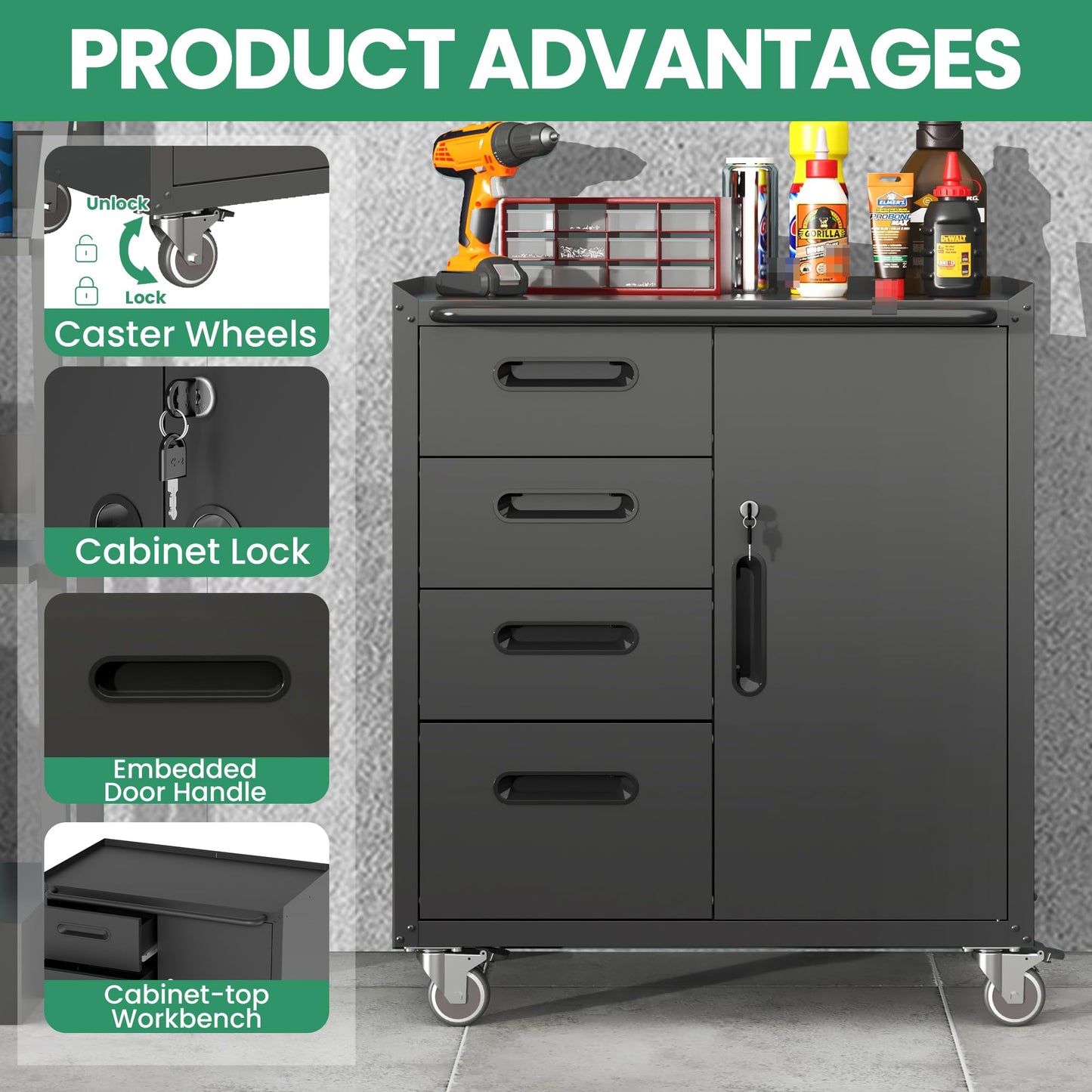 VIYET Garage Cabinet System | Heavy Duty Steel All-in-One Modular Garage Cabinet Set for Ultimate Workshop Organization | Easy Assembly Garage Storage Cabinets & Tool Bench