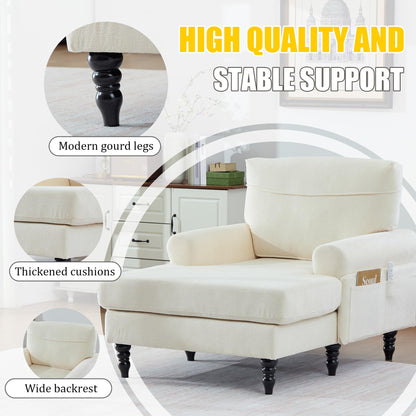 KEIKI Chaise Lounge Chair Indoor, Oversized Accent Chenille Armchair with Storage, Leisure Sleeper Single Sofa Side Chair, Corner Recliner Arm Chairs for Living Room Reading, Easy Assembly, Beige