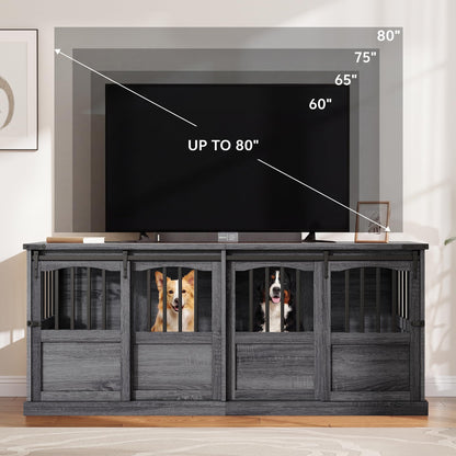 Homiflex 72" Double Dog Crate Furniture for 2 Medium Large Dogs Wooden Heavy Duty Dog Kennel Furniture with 2 Sliding Doors and Divider Decorative Dog Cage TV Stand End Table for Indoor, Grey