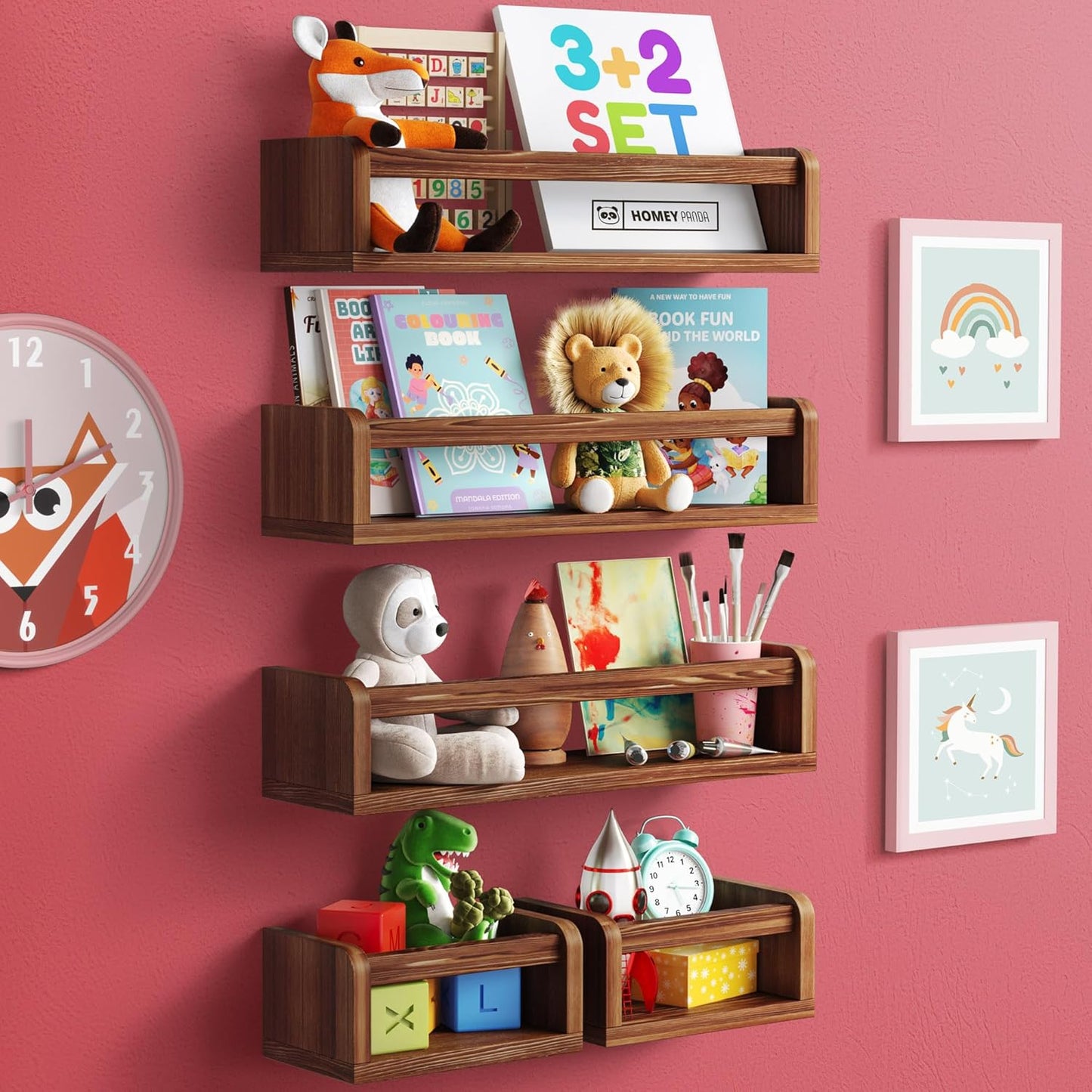 3 2 HOMEY PANDA Wall-Mounted Nursery Bookshelves - Long + Mini Shelves, Kids Room Storage (Walnut Pine Wood)