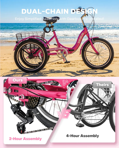 VIRIBUS Folding Tricycle for Adults, 7 Speed 20 Inch Mini Foldable 3 Wheel Bikes for Women Seniors with Dual Chain & Low Step-Through Frame, Collapsible Trike with Cargo Basket, 330 lbs, Hot Pink