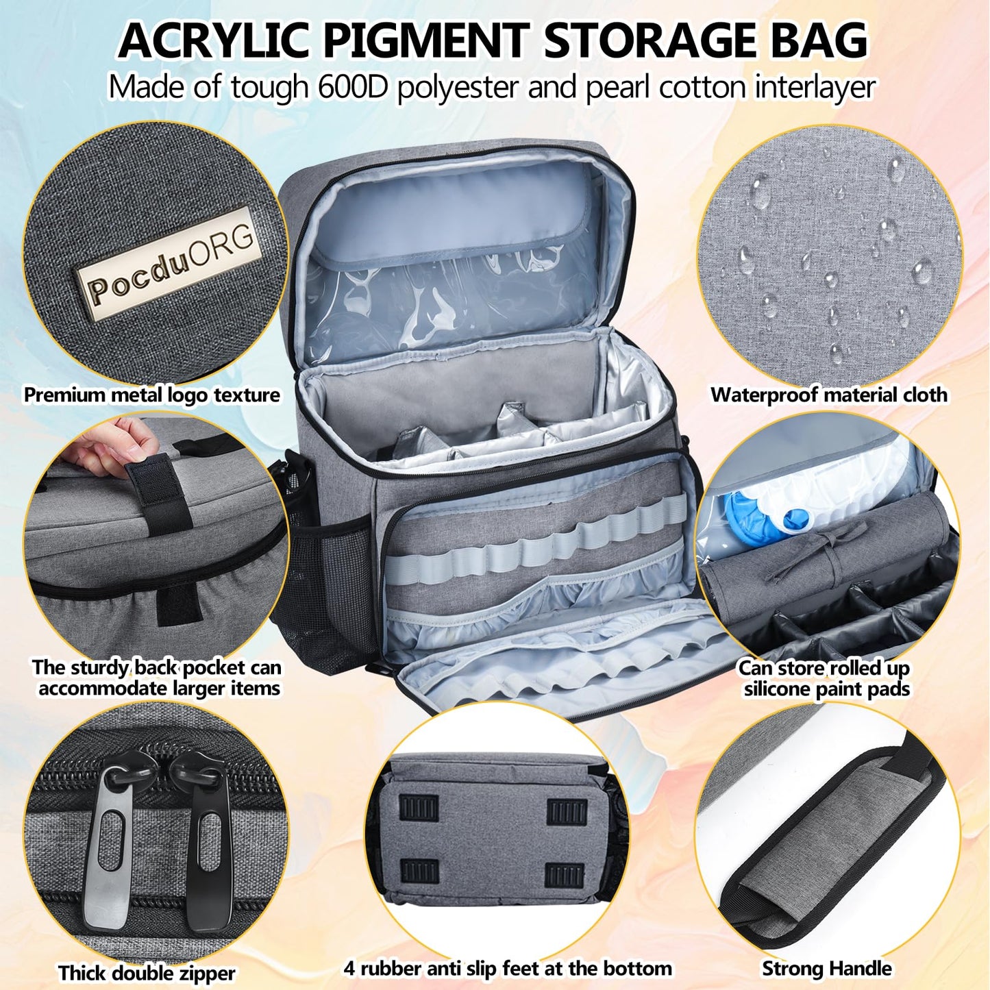 Acrylic Paint and Brush Set Organizer Bag - Carrying Case Compatible with Apple Barrel, Shuttle Art, Caliart Art Supplies - Includes Detachable Paint Brush Holder - for Travel/Outdoor Sketching (Gray)