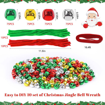 YBB 320Pcs Jingle Bell Wreath Ornaments Kit, 0.59inch Christmas Crisp Sound Bells for Craft with 20 Chenille Stems and Red Ribbon for Christmas Tree Party Decorations Kids DIY Crafts (Set of 10)