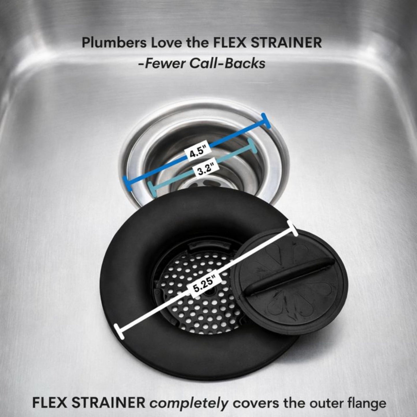 Flex Strainer® Sink Drain Strainer with Optional Stopper – No Center Stem, Fits Standard 3½” Sink Drains & Disposals – Easy Clean, Dishwasher Safe – Made in USA – Black, 2-Pack