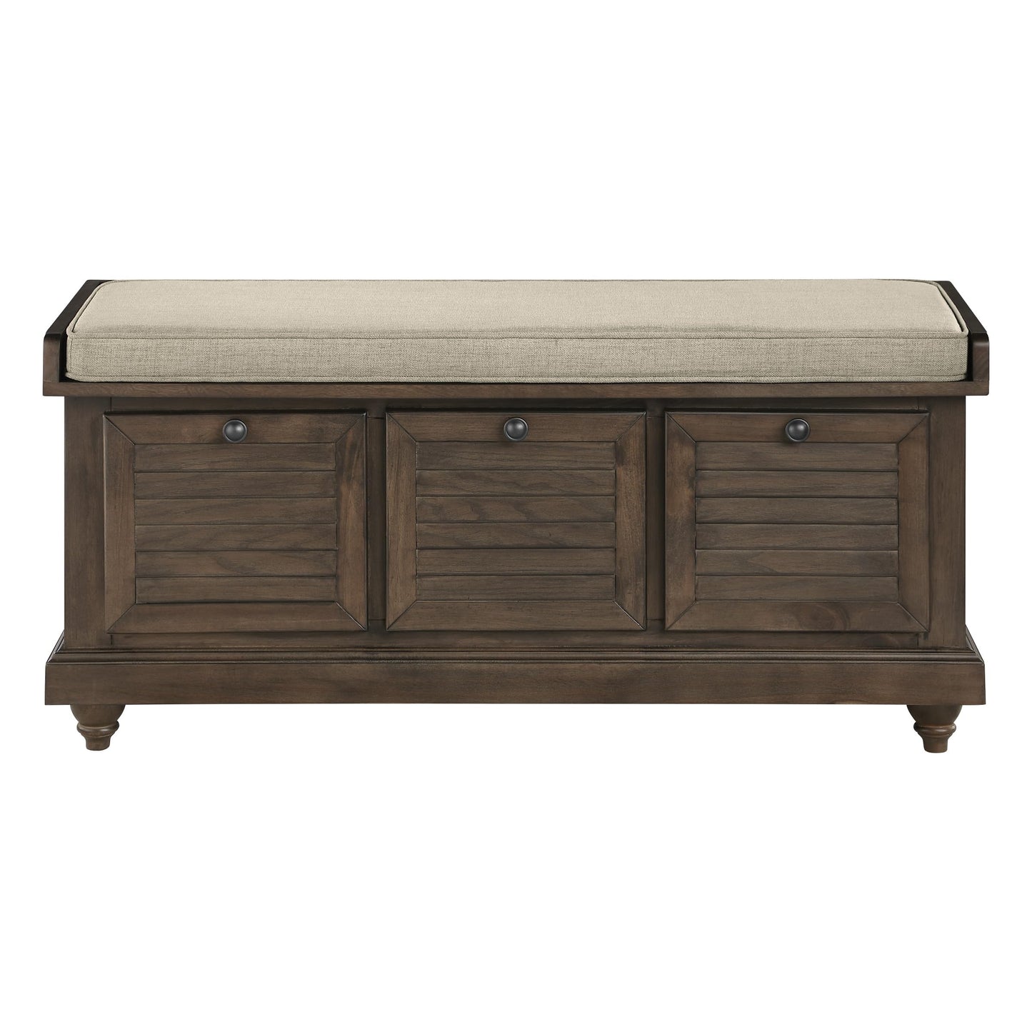 OSP Home Furnishings Dover Coastal Lift-Top Storage Bench with Shutter Face Styling, Dark Walnut Finish with Beige Fabric Cushion