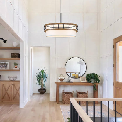22" Large Drum Chandelier, Black and Wood Texture Pendant Light, 5-Light Farmhouse Kitchen Chandelier for Dining Room Foyer Entryway Bedroom
