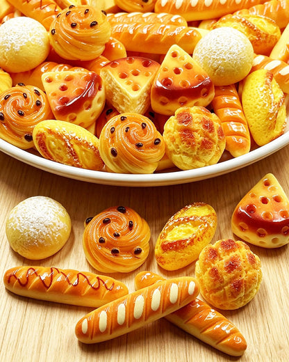 LOPURO 100Pcs Mini Fake Bread Artificial Resin Flatback Bakery Pastries Charms, Miniature Cake Simulation Food Model Tiny House Decor for DIY Craft Scrapbooking Embellishments Home Kitchen Display