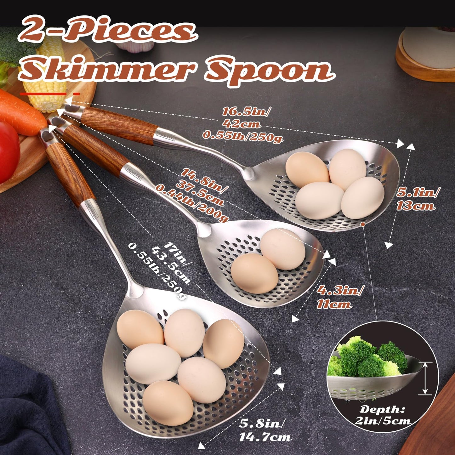 MARTE Skimmer Slotted Spoon,304 Stainless Steel Pasta Spider Strainer Ladle for Frying and Cooking,Kitchen Colanders & Food Strainers Set of 2，Slotted Spoon with Heat-Resistant Solid Wood Handle