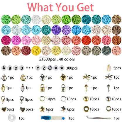 ALIRICH 21600Pcs 3mm Glass Seed Beads for Jewelry Making, 48 Colors Crafts Bead Kit with Letter Smile Face Star Love Heart Beads, Gold Silver Findings Beads for DIY Art Bracelets Necklaces for Women